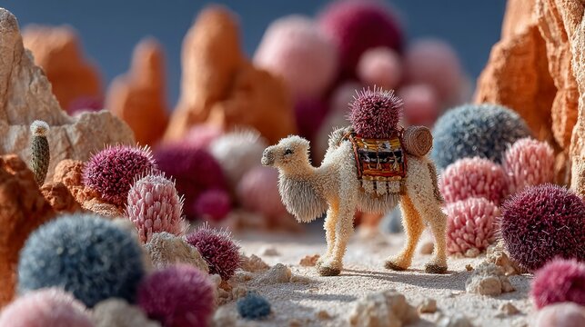A whimsical camel journeying through a vibrant fantastical desert landscape with colorful cact