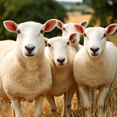 Curious Sheep Flock Grazing in Field, Agricultural Farm Animal Portrait