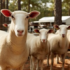 Obraz premium Friendly Flock of Sheep Grazing Together at a Sunny Farm Setting
