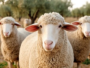Obraz premium Close-up of Three Friendly Sheep in a Pastoral Landscape