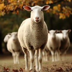 Fototapeta premium Grazing Sheep in Autumnal Pasture, Warm Tones, Peaceful Animal Portraiture