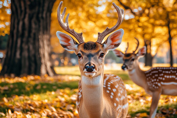 Deer lying in an open meadow with green grass, trees, and scattered leaves — peaceful nature scene