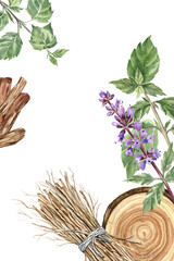 Greeting card design with watercolor illustration of patchouli flower and leaves, sandalwood, and vetiver roots. Elegant painting of the fragrant plants. For greeting cards, postcards and packaging 