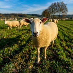 Obraz premium Close up view of a sheep on a green pasture in bright sunlight