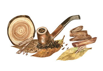 Watercolor still life with tobacco leaves, smoking pipe, and sandalwood. For greeting cards and postcards, perfect for Father's day