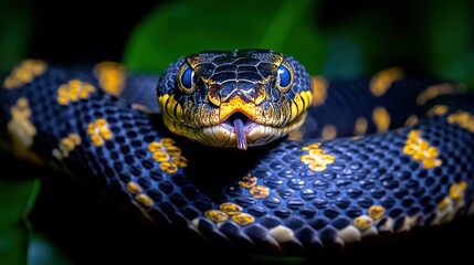Fototapeta premium Close-up of a venomous snake with striking black and gold scales. Intense focus on the snake's head and upper body, revealing intricate patterns and vibrant colors