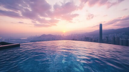 Fototapeta premium Rooftop Infinity Pool Overlooking Vibrant City Skyline at Sunset