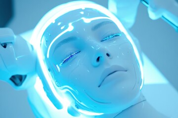 Futuristic robotic facial treatment in a sterile white environment with soft blue lighting and advanced robotic arms enhancing beauty