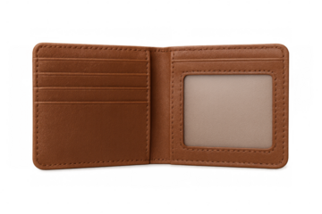 Classic brown leather wallet opened, displaying card slots and id window, isolated on transparent background