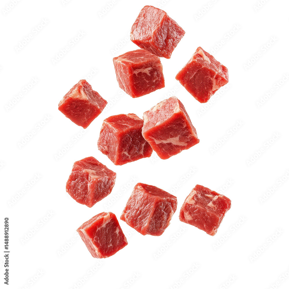 Poster falling beef cubes create a dynamic display against a white background, falling meat beef cubes isol