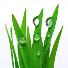 Close up of Dew Covered Green Grass Blades on White Background