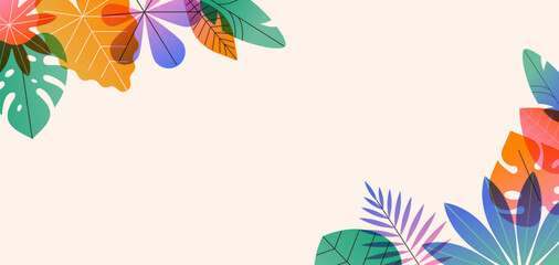 Tropical leaves frame summer background. Colorful modern botanical border. Abstract flat vector illustration of exotic jungle foliage.