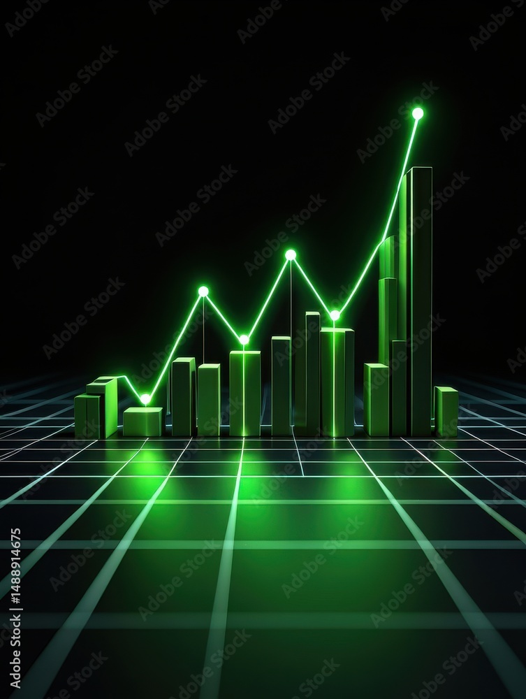 Poster a vibrant green graph illustrates rising financial trends featuring bars of various heights on a dig