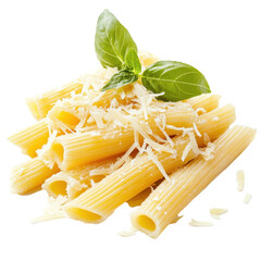 Creamy cheese pasta with fresh basil served on a simple white background, Cheese pasta on white background