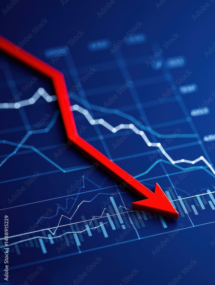 Aufkleber a sharp red arrow indicates a decline on a blue-toned graph symbolizing a bearish trend in the stock