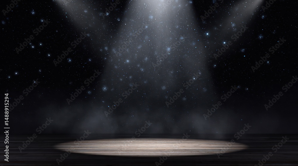 Poster bright spotlights illuminating empty stage with starry background creating dramatic atmosphere for p
