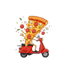 Pizza scooter delivery food restaurant italian fastfood cartoon slice pepperoni delicious illustration on transparent background
