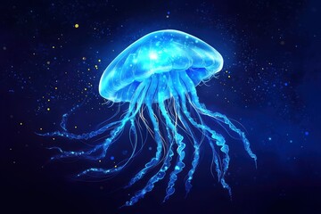 Obraz premium Jellyfish in motion: A luminescent blue jellyfish floating in blue water.