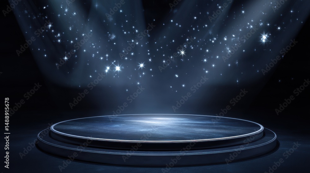 Poster dramatic light beams and star background create a magical stage setting for performances and present
