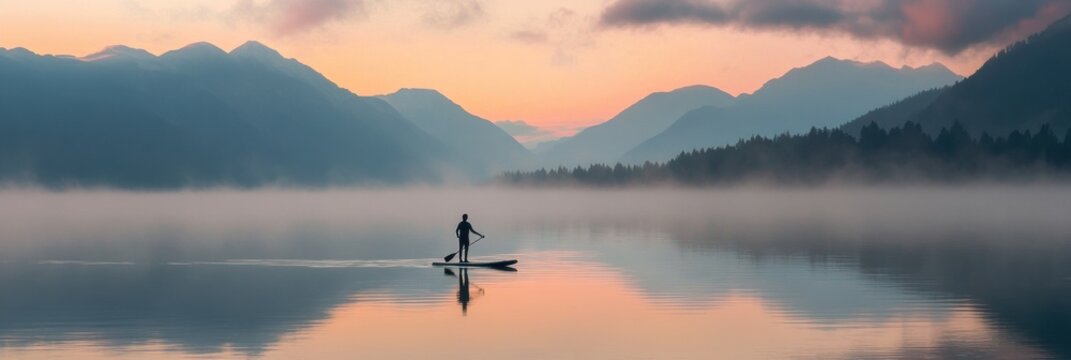 Paddleboarder glides across calm lake at sunrise surrounded by misty mountains and soft reflections - Powered by Adobe