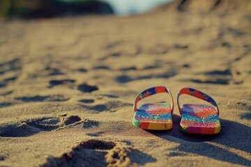 Colorful flip-flops resting on sandy beach with footprints leading into the background during a sunny day at the shore