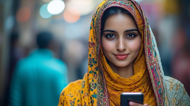A young woman in a vibrant headscarf holds a phone, standing in a bustling street