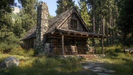 Rustic Log Cabin with Stone Chimney in a Sunny Forest