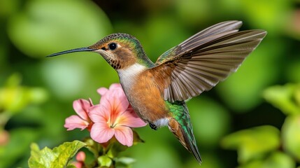 Fototapeta premium Hummingbird in flight, near pink flower