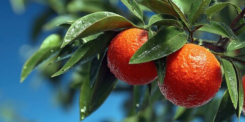 Bright Oranges Hanging from Lush Green Branches in Sunlit Citrus Grove