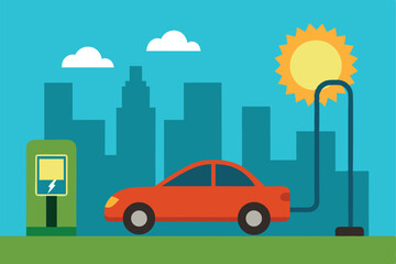 Cartoon vector illustration of an eco-friendly car driving on a city road under a summer sky with trees and buildings