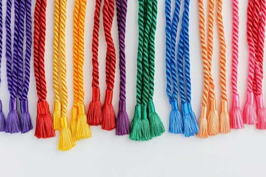 Colorful honor cords hanging in a row for graduation ceremonies and academic achievements