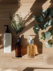 Organically sourced haircare products arranged on a natural wood surface with eucalyptus leaves catching sunlight in a minimalist setting