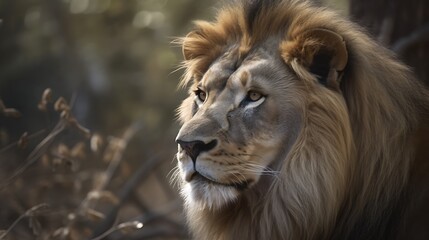 Obraz premium Close-up of a majestic lion, head and shoulders, in a sunlit African savanna setting
