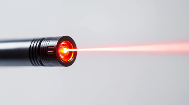 A red laser beam emitting from a small torch, isolated on a clean gray  background. 
