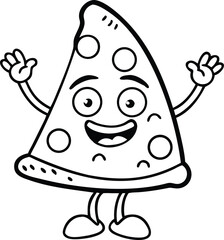 smiling pizza slice cartoon character line art sil, smiling pizza slice cartoon character line art silhouette. 