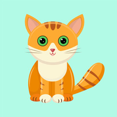 Obraz premium A red-haired cat sits on a blue background. Cute ginger kitten in a flat style. Vector illustration for postcards, banners, websites, design, art