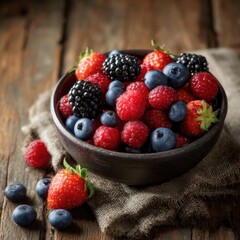 A rustic bowl overflowing with a mix of fresh, juicy berries.  A vibrant summer treat!