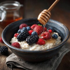 A bowl of creamy oatmeal topped with fresh berries and a drizzle of honey. A delicious and healthy breakfast!