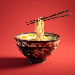 A delectable bowl of ramen noodles, garnished with soft boiled eggs, is artfully presented against a vibrant red backdrop.
