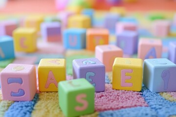 Colorful 3D alphabet blocks scattered across a soft pastel rug in a preschool setting, creating a playful learning environment for young children