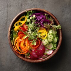 Vibrant rainbow veggie salad in a rustic wooden bowl. A healthy and colorful meal.