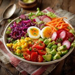Vibrant rainbow veggie bowl with corn, avocado, boiled eggs, and more!