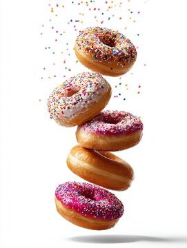 A delightful tower of colorful donuts floats above a clean white background. Each donut is topped with bright sprinkles and icing. Sweet treats perfect for any occasion. AI
