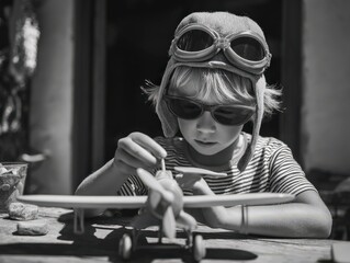 A young boy, dressed in a pilot's hat and goggles, meticulously assembles a toy airplane.  A black and white image capturing a moment of childhood imagination.