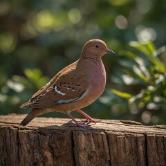 Fototapeta premium A wild brown pigeon with white feathers on a green tree branch in nature