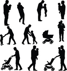 Black silhouette icons depict father, child, and baby figures sharing moments of love and care.