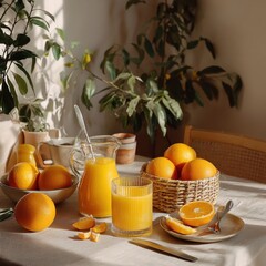 Freshly squeezed orange juice in a glass and pitcher, surrounded by a bowl of oranges and a basket of oranges. A sunny morning.