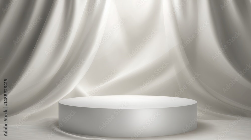 Poster elegant white fabric draping with a circular podium in a minimalist studio environment, perfect for 