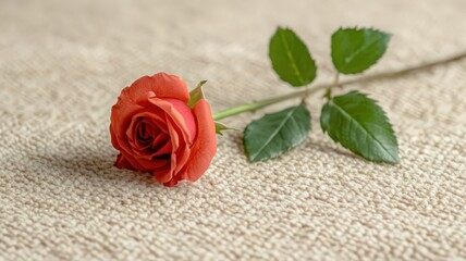 Single Red Rose on White Satin Fabric