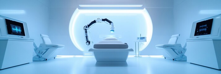 Exploring futuristic robotic facial treatments in a sterile medical environment with advanced technology and blue accent lighting